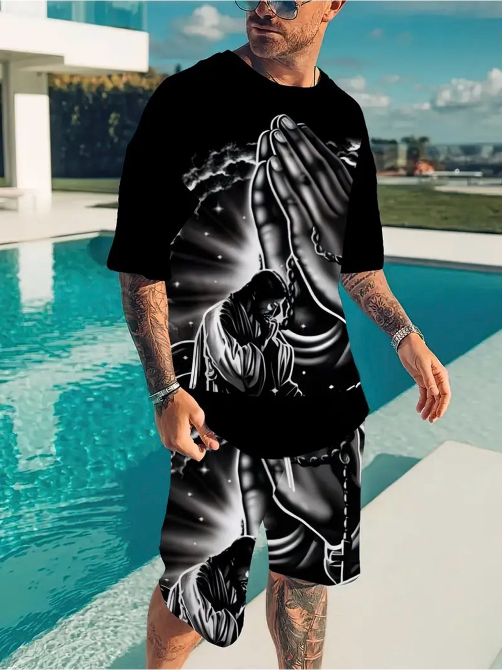 Mens 2pc Shirt Shorts Outdoor Summer Set NEW XXL Clothes Fashion God Jesus Decor